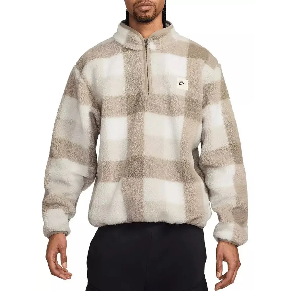 Nike Men's Club Winterized Khaki Plaid Fleece 1/2 Zip Jacket